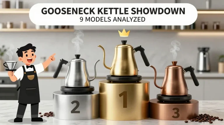 Illustrated competition showing the top three gooseneck kettle for pour over coffee models on gold, silver, and bronze podiums, presented by a barista host.
