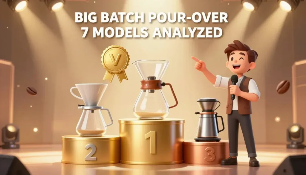 How to Pick the Largest Pour-Over Coffee Maker for Big Batches 10 Illustrated comparison of the best large pour-over coffee makers for big batches, featuring 7 models analyzed on a competition stage with ranked podiums.