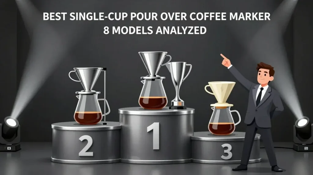 Welcome to the Stage of Truth: Tonight, We Let the Data Crown the Ultimate Single‑Cup Pour‑Over Coffee Maker Champion 12 Illustrated ranking of the best single cup pour over coffee maker models on a three-tiered podium, highlighting the champion model with an analysis host.