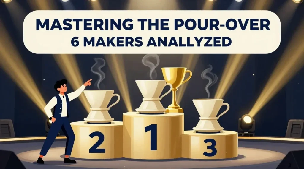 Comprehensive Content Roundup: Mastering The Ceramic Pour‑Over Experience 2 Illustrated ranking of the best ceramic pour over coffee maker for 2025, showing the top 3 models on gold podiums with an analysis host.