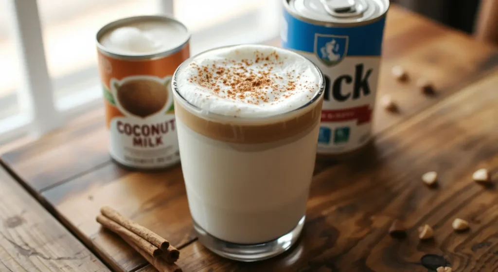 Coconut Milk in Coffee: Premium Flavor Costs Half as Much as Cream 5 A close-up of a steaming mug of coffee topped with a swirl of white coconut milk foam.