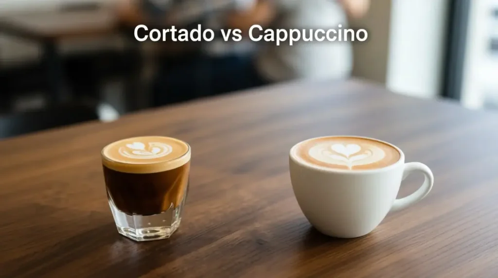 Cortado vs Cappuccino Explained: Master Milk Texture Today 7 Side-by-side comparison of a Cortado in a glass and a Cappuccino in a ceramic cup showing different milk textures and sizes.