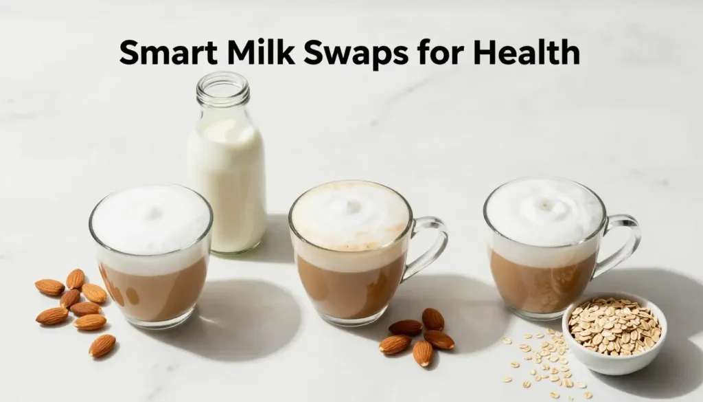 Is Cappuccino Healthy? Are Cappuccinos Fattening? Stop Milk Sugar Traps 6 A flat-lay photography of three glass cappuccinos on a marble surface next to almonds, a milk bottle, and oats, featuring the text "Smart Milk Swaps for Health.