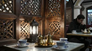 History of coffee shop industry: Truth About First Locations 4 Illustration representing the early history of the coffee shop industry and the first coffee houses in the world.