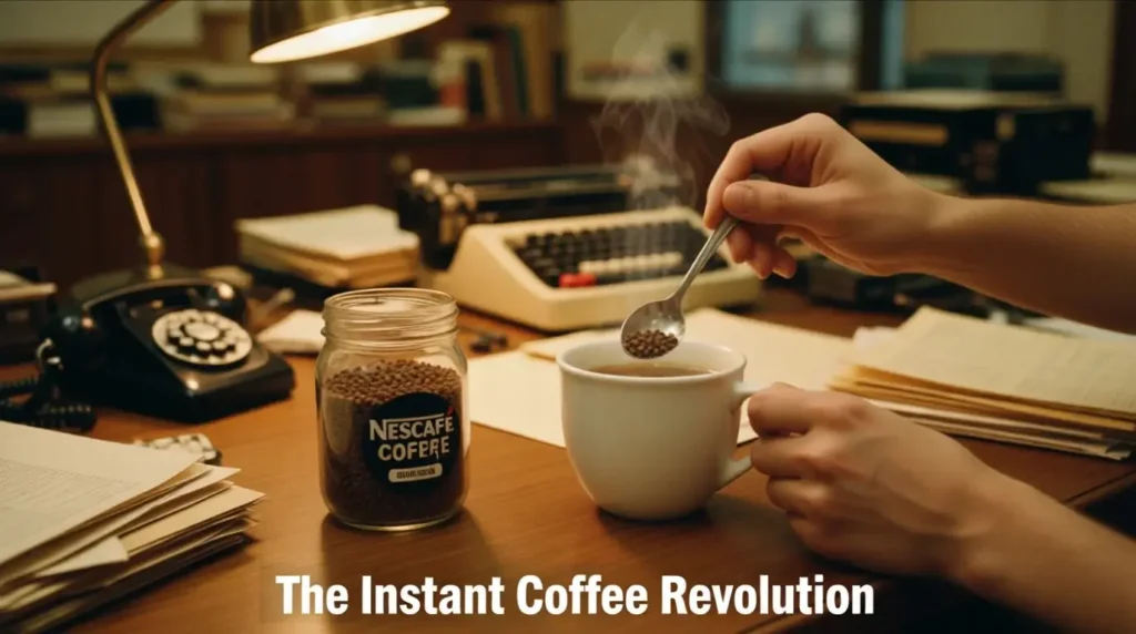 A vintage 1970s office desk featuring a hand stirring Nescafé instant coffee granules into a steaming mug next to a retro typewriter and rotary phone.