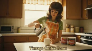 A nostalgic 1970s kitchen scene of a woman pouring coffee from a chrome percolator, representing popular coffee brands of the 1960s and 1970s like Folgers and Nescafé.