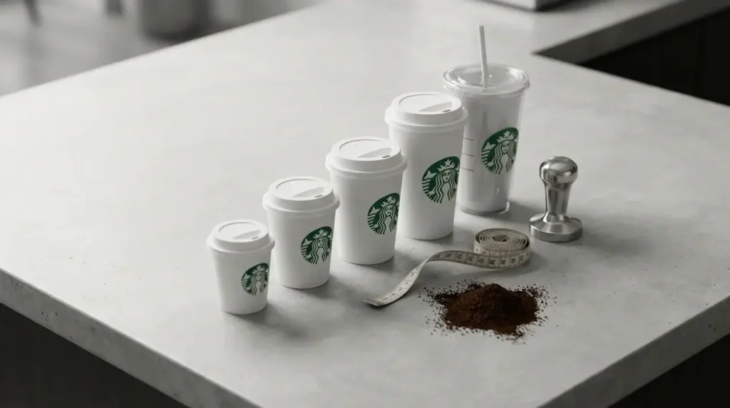 Visual comparison of all Starbucks drink sizes, from Short to Venti, featuring measuring tape and tamper to illustrate size and volume, answering "How Many Oz in a Venti?".
