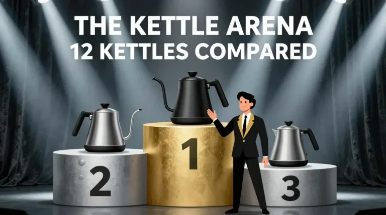Illustrated competition stage showing the top-ranked pour over kettle on a gold podium, with two runner-up gooseneck kettles on silver podiums (Rank 1, 2, and 3).