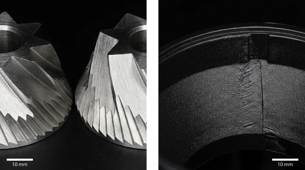 The Espresso Grinder Longevity Audit: Why Most Models Fail 8 Macro comparison of 40mm conical M2 steel burrs and high-strength ABS plastic housing components in a coffee grinder.