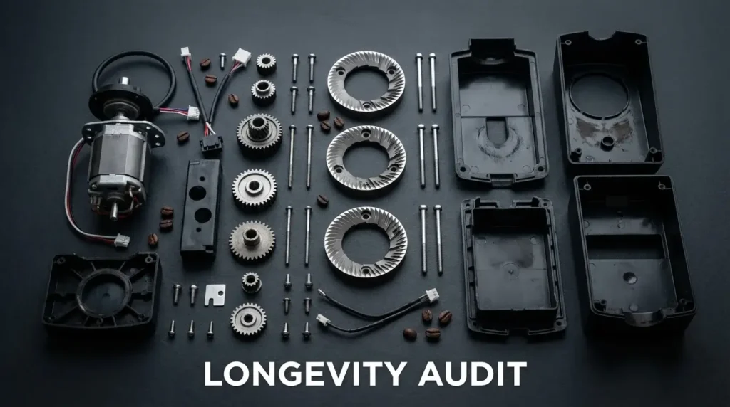 The Espresso Grinder Longevity Audit: Why Most Models Fail 1 Technical teardown of an espresso grinder showing internal burrs, motor, and gears for a longevity audit.