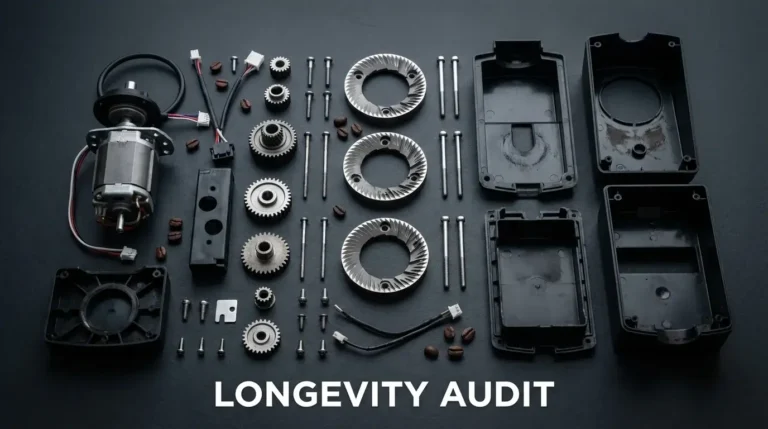 Technical teardown of an espresso grinder showing internal burrs, motor, and gears for a longevity audit.