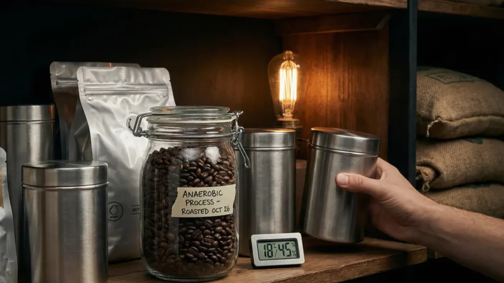 A detailed photograph on a wooden shelf displaying specialized storage solutions for anaerobic processed coffee beans, including a central labeled glass jar ('Anaerobic Process - Roasted Oct 26'), airtight steel canisters, oxygen-barrier and UV-protected bags, and a digital hygrometer showing 18.4°C and 45% humidity. A hand is seen placing a canister. Perfect for preserving coffee freshness.