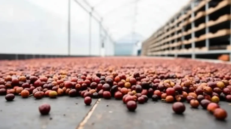 Close-up of coffee cherries undergoing anaerobic natural coffee processing in a sealed fermentation tank