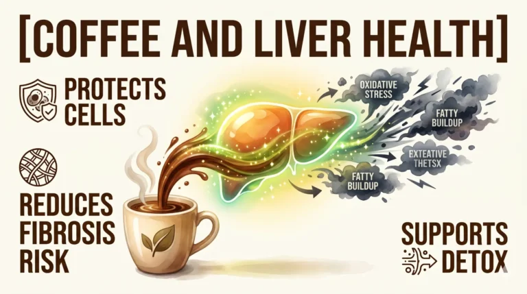 Infographic illustrating the benefits of coffee on liver health, including cell protection, fibrosis risk reduction, and detoxification support.