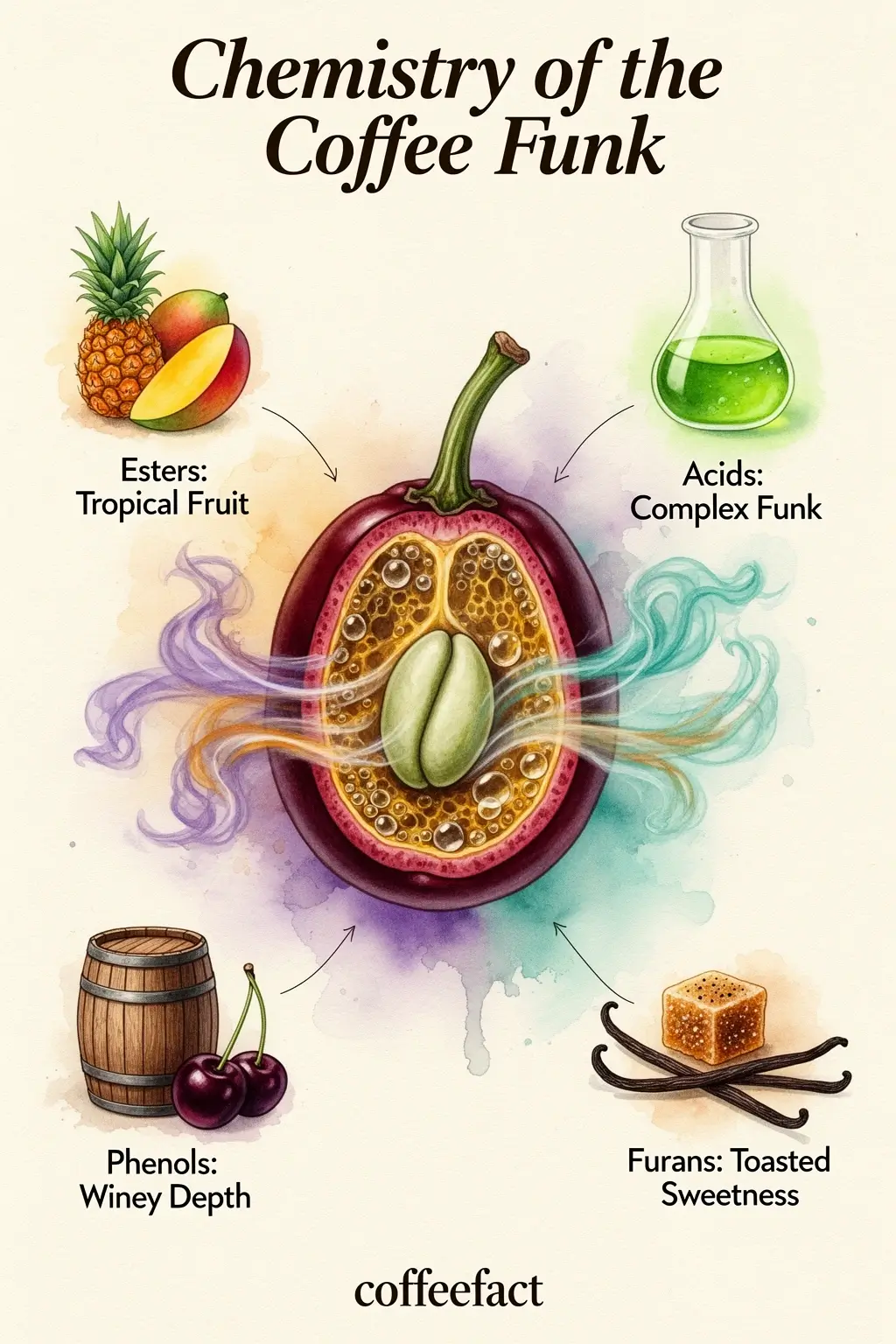 How sealed‑tank fruit fermentation creates the funk of anaerobic natural coffee 6 chemistry of coffee flavor compounds infographic