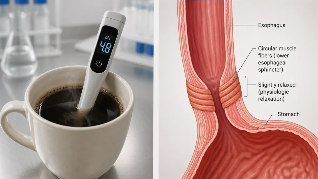 Medical illustration showing a pH meter in coffee and a cross section of the lower esophageal sphincter anatomy