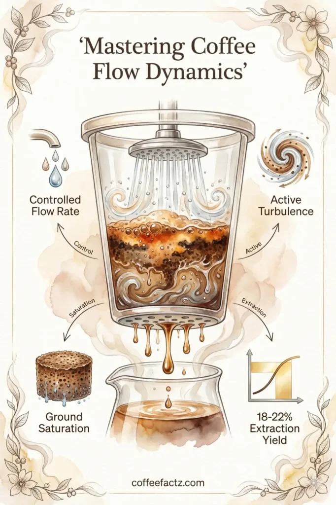 Should You Buy an SCA Certified Coffee Maker for Consistent Brew? 6 A detailed educational infographic illustrating 'Coffee Flow Dynamics' during extraction. It shows a central brew basket cross-section with a showerhead, coffee bed blooming and swirling, and droplets dripping. Four labeled panels define: 'Controlled Flow Rate', 'Active Turbulence', 'Ground Saturation', and '18-22% Extraction Yield'.