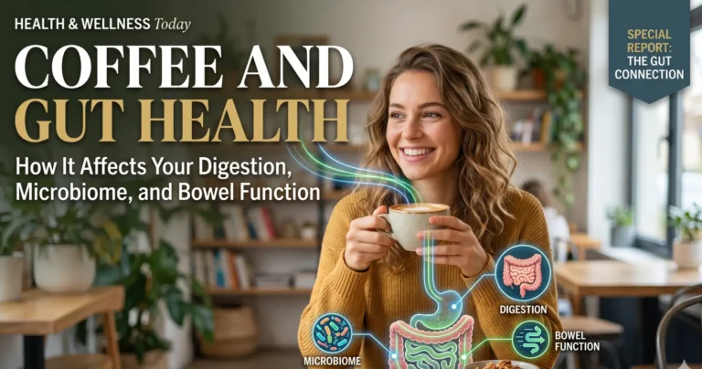 Magazine-style cover showing a woman drinking coffee with a digital infographic overlay illustrating the digestive system, microbiome, and bowel function.