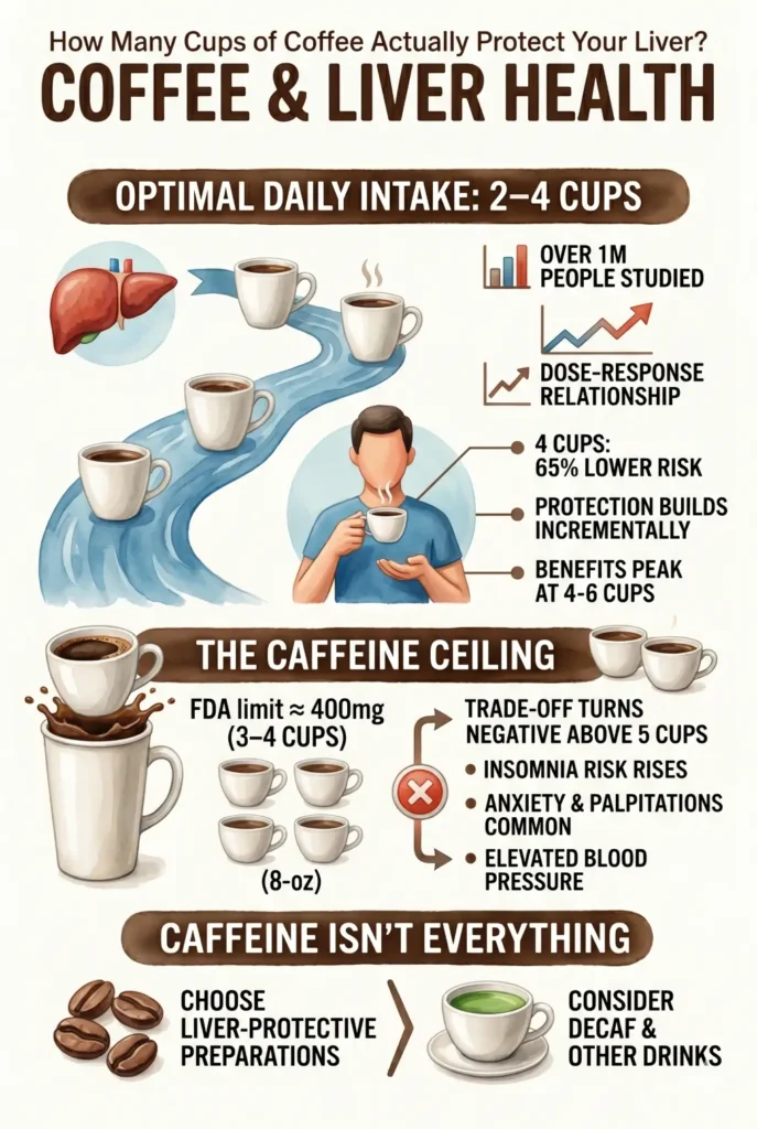 Infographic showing the relationship between daily coffee intake and liver health. It highlights that 2–4 cups of coffee per day can reduce cirrhosis risk by 44% to 65%.