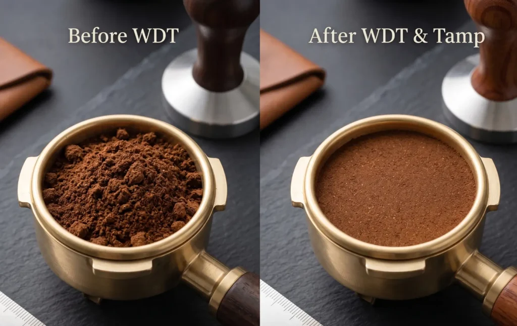 Side by side coffee portafilter ground distribution showing uneven surface before Weiss Distribution Technique and smooth surface after distribution and tamping
