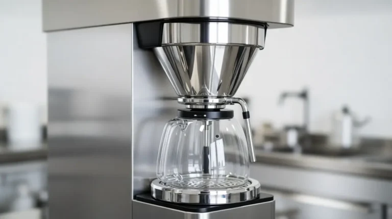 Close-up of a drip coffee maker showerhead ensuring even water distribution for optimal temperature control.