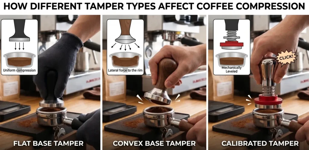 Infographic showing three types of espresso tampers: Flat Base for uniform compression, Convex Base for lateral force to the rim, and Calibrated Tamper for mechanically leveled precision.