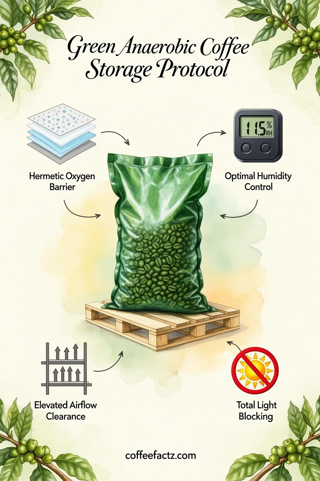 How to protect anaerobic coffee beans from air, light, heat and moisture 6 green anaerobic coffee storage protocol infographic