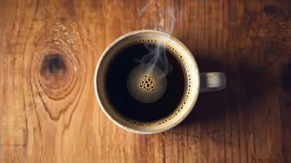 A cup of coffee next to an abstract representation of a glowing human brain, illustrating how coffee improves brain health.