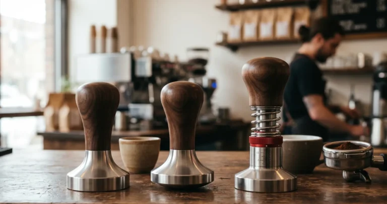 Three professional espresso tampers with dark wood handles and stainless steel bases—flat, convex, and calibrated—standing on a rustic wooden bar in a blurred coffee shop setting.