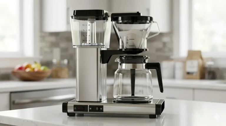 A gleaming stainless steel Technivorm Moccamaster coffee maker on a clean kitchen counter, used to illustrate a specialty coffee association certified brewer for consistent coffee extraction.