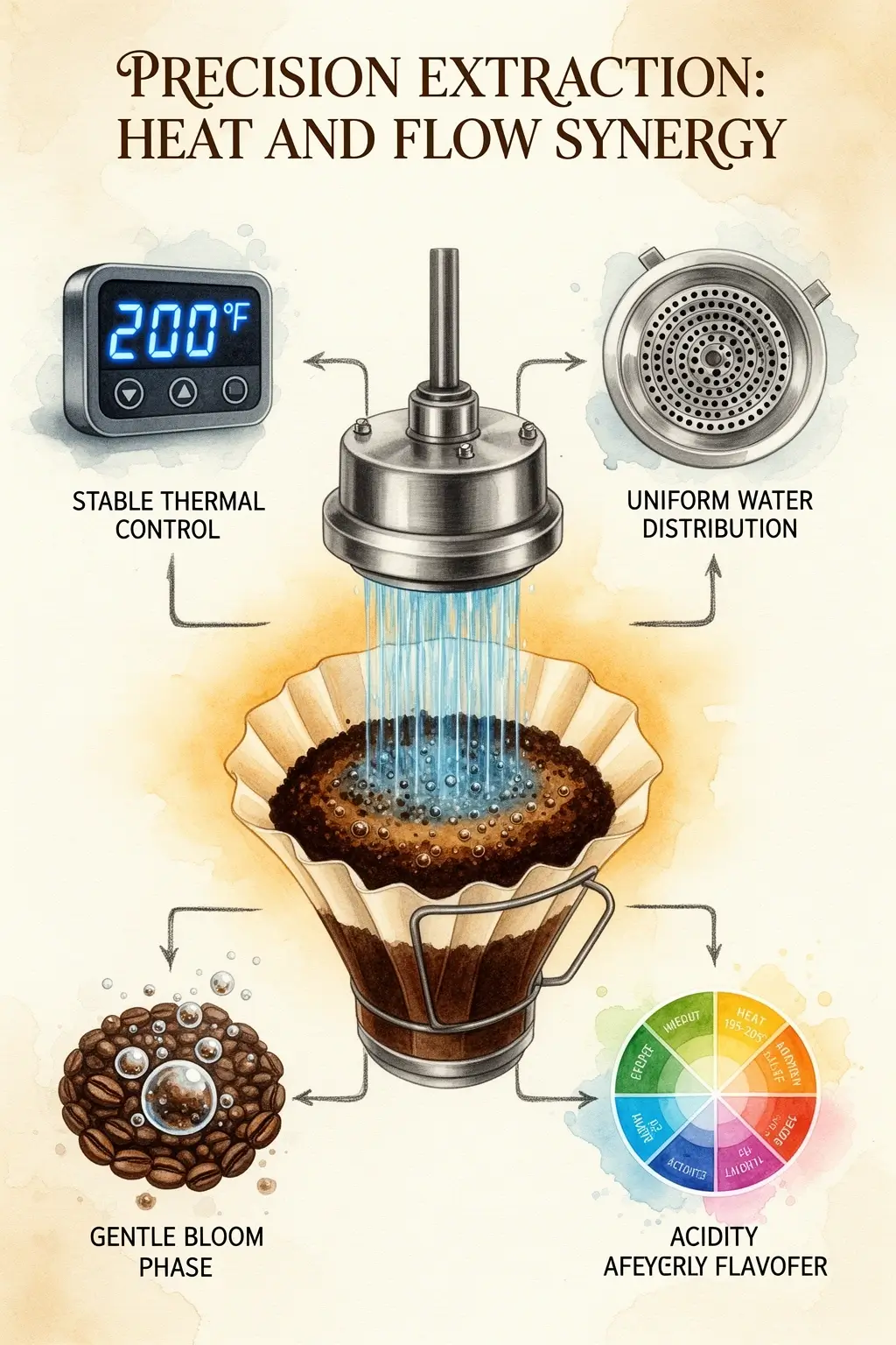 synergy of showerhead and temperature control coffee brewing