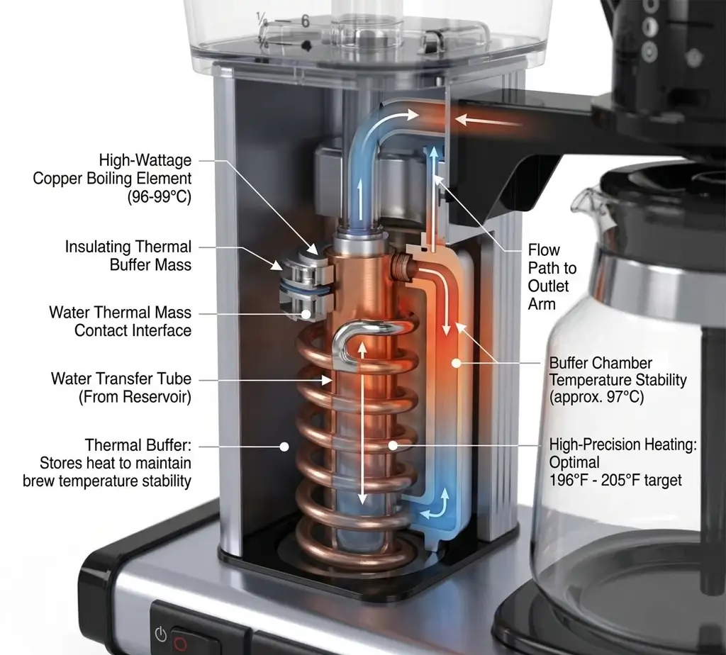 Should You Buy an SCA Certified Coffee Maker for Consistent Brew? 5 Technical cutaway diagram of the Technivorm Moccamaster heating block showing the thermal buffer mass surrounding the copper element to stabilize water temperature between 196°F and 205°F.