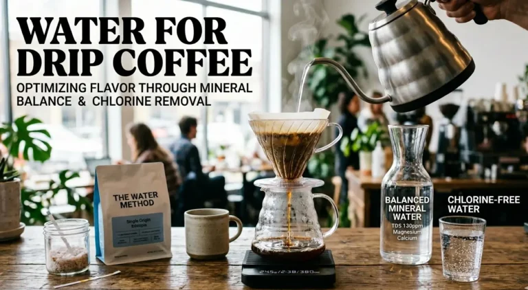 A barista pouring water from a gooseneck kettle into a V60 pour-over drip coffee maker, highlighting the importance of balanced mineral water and chlorine removal for optimal flavor.