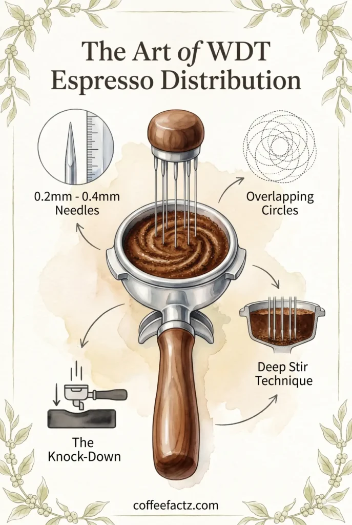 Detailed educational infographic showing the WDT espresso distribution technique, including needle size, stirring patterns, and depth of distribution.