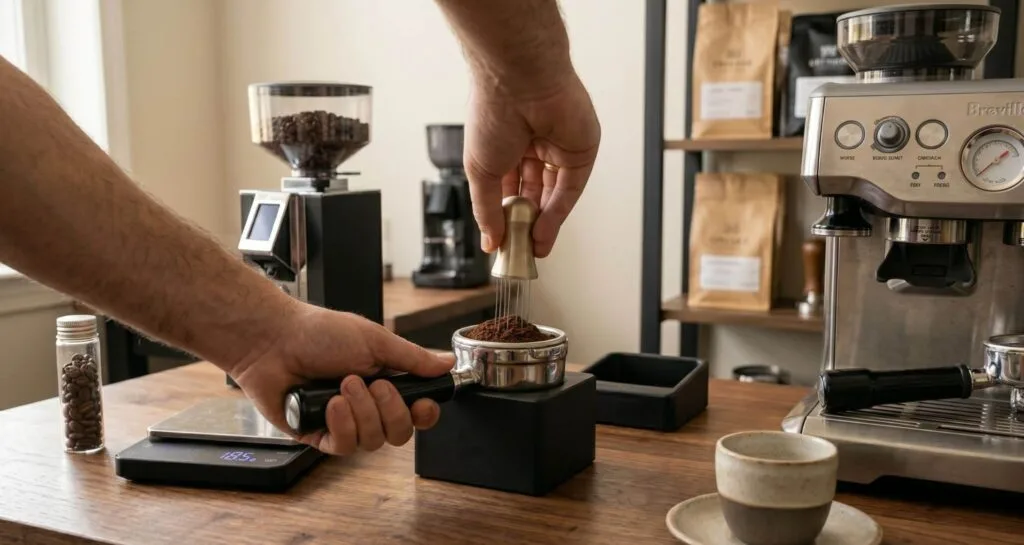 Barista đang sử dụng dụng cụ que kim WDT để san phẳng bột cà phê trong tay cầm portafilter