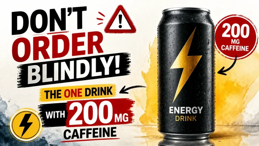 200mg Caffeine Drinks: Every Real Option Worth Ordering at a Café or Store 8 A stylized 3D render of a coffee cup with a bold infographic showing 200mg caffeine drinks label.