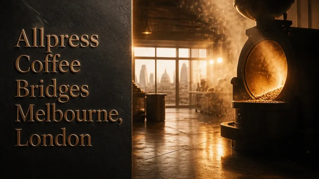Split composition with bronze typography 'Allpress Coffee Bridges Melbourne, London' on dark stone beside a warm, atmospheric roastery interior with glowing roaster drum and steam