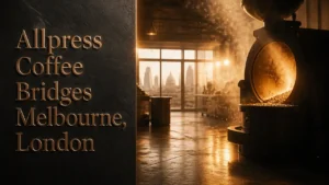Split composition with bronze typography 'Allpress Coffee Bridges Melbourne, London' on dark stone beside a warm, atmospheric roastery interior with glowing roaster drum and steam