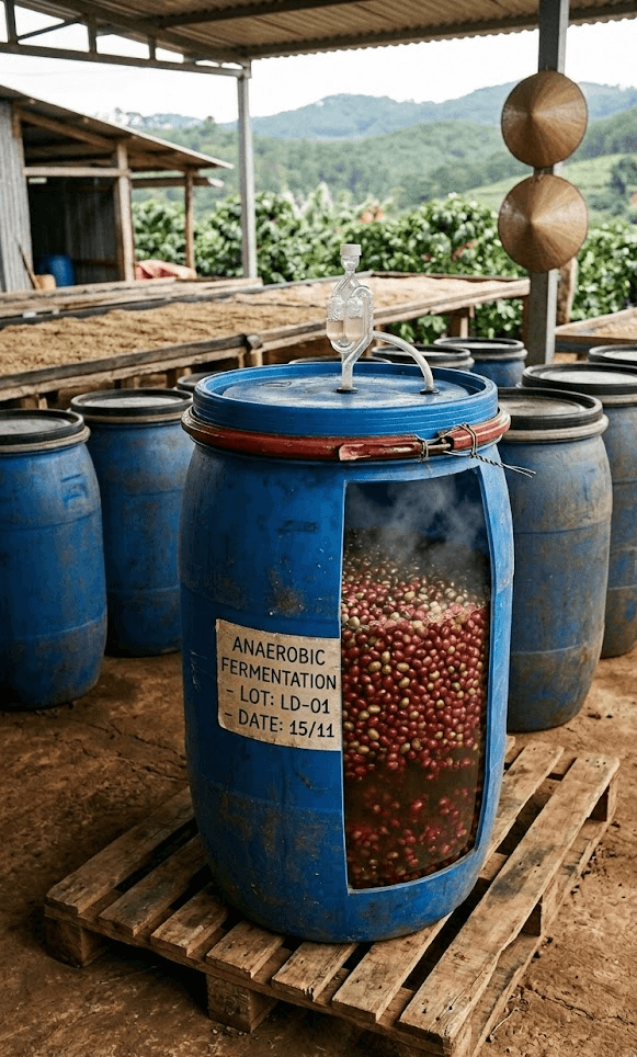 A detailed cutaway view of a blue plastic barrel on a farm, showing whole red coffee cherries undergoing anaerobic fermentation with an airlock system and a steam plume rising. The barrel has an English label "ANAEROBIC FERMENTATION - LOT: LD-01".