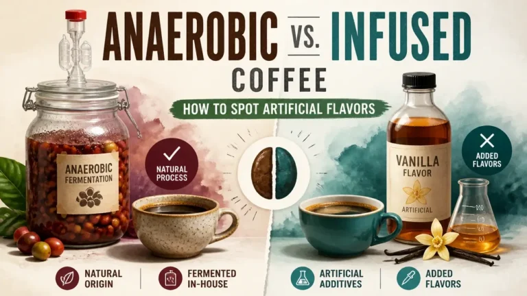 A side-by-side comparison of natural anaerobic coffee beans and chemically infused coffee, highlighting the difference between anaerobic coffee flavor vs artificial flavor.