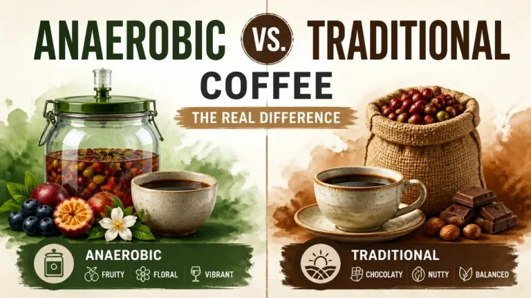 Hyper-realistic 3D magazine cover showing anaerobic coffee beans contrasted with traditional coffee beans, rendered with a hand-painted watercolor texture and bright studio lighting.