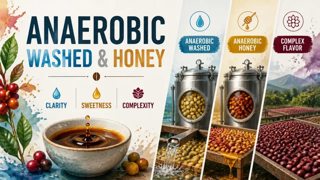 A stylized 3D infographic comparing the anaerobic washed coffee process to honey processed beans with bright artistic textures.