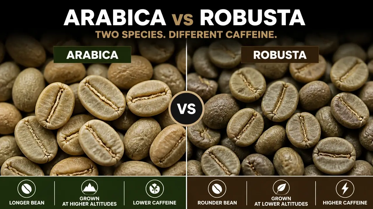 Close up macro view comparing raw Arabica and Robusta coffee beans
