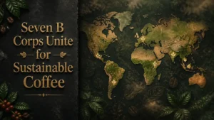Split image with bold gold‑bronze text 'Seven B Corps Unite for Sustainable Coffee' on left and stylized world map with coffee bean and leaf motifs on right, representing global coffee sustainability