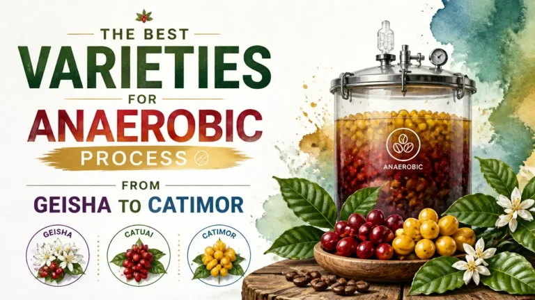 High-quality graphic featuring Geisha and Catimor coffee cherries in a 3D artistic style representing anaerobic fermentation process.