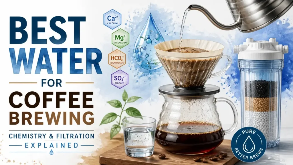 Coffee Brewing Water: Understanding Water Chemistry and Choosing the Right Filtration Method 11 A stylized 3D render with watercolor textures showing coffee brewing chemistry and water filtration components.
