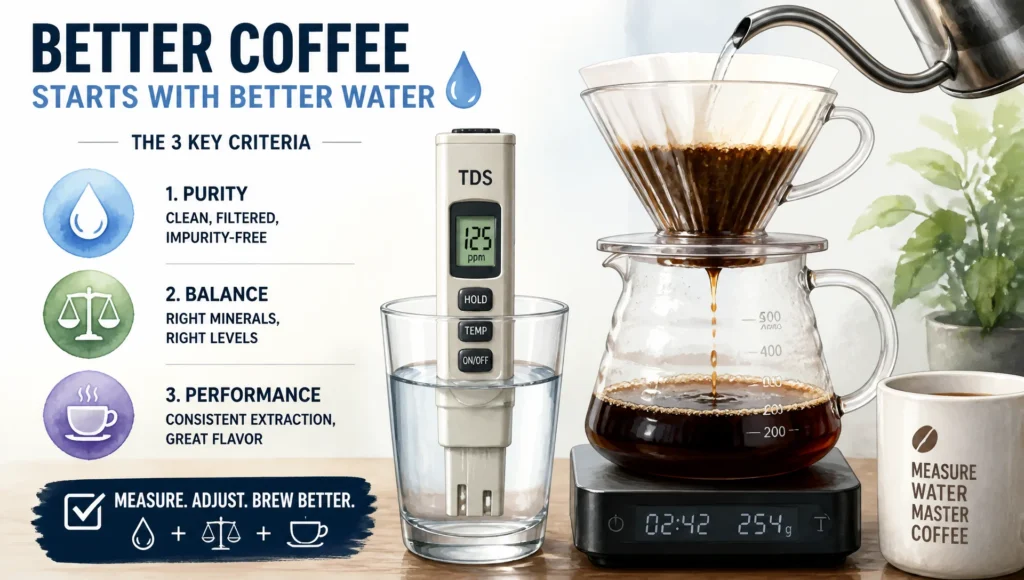 Coffee Brewing Water: Understanding Water Chemistry and Choosing the Right Filtration Method 4 TDS meter measuring water purity for coffee brewing with 3 key criteria infographic.