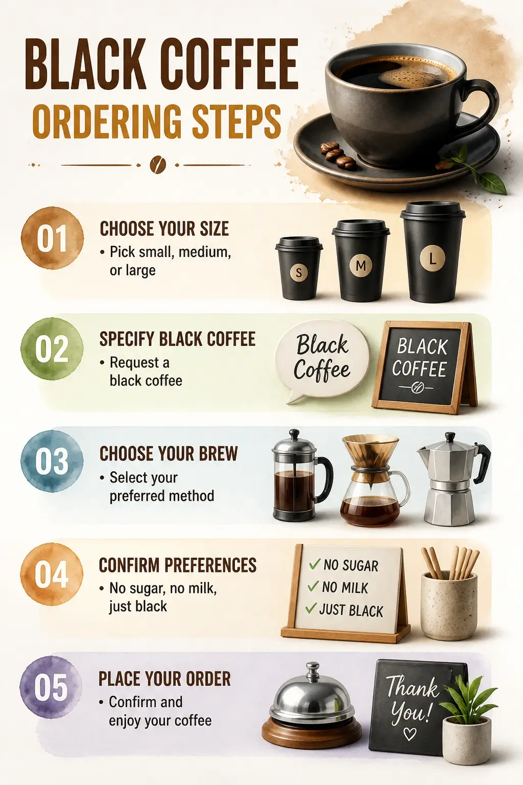 black coffee ordering steps infographic