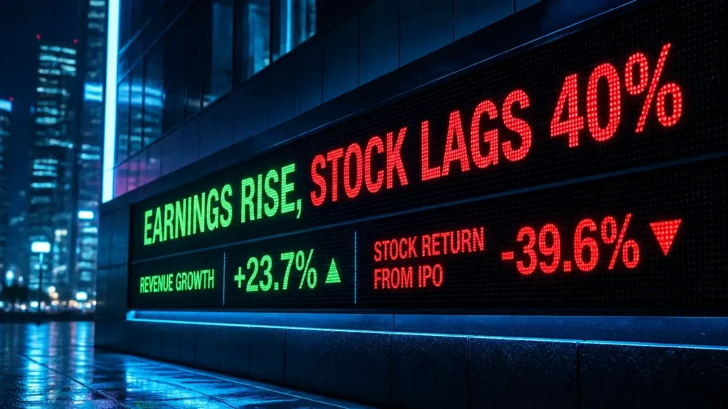 Nighttime LED ticker display showing Black Rock Coffee earnings rise and stock decline, with glowing financial data