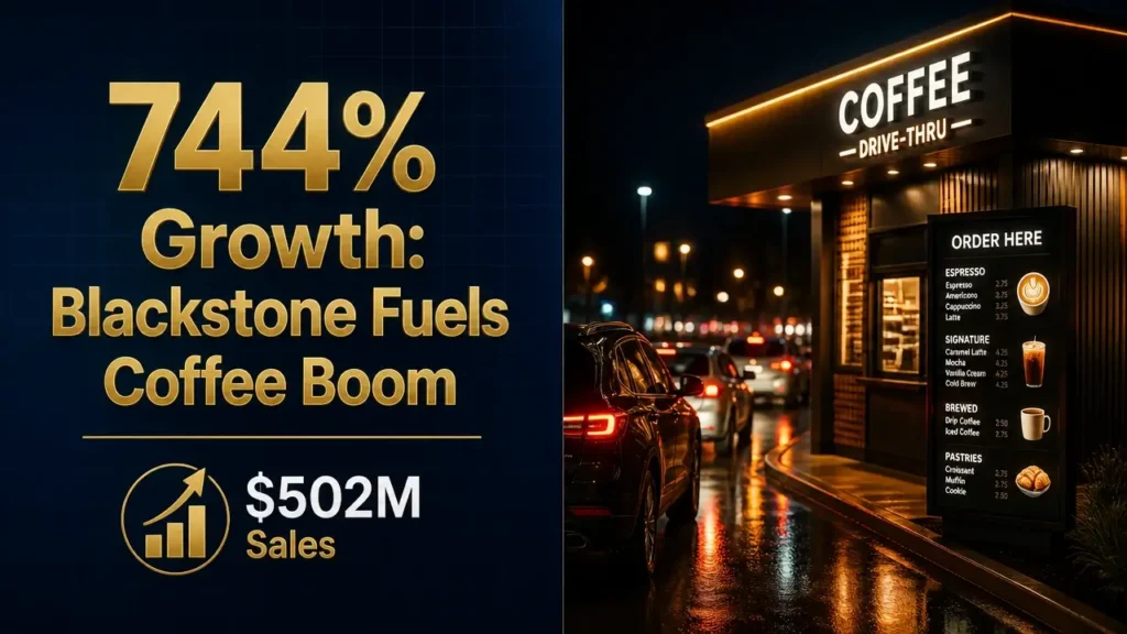 Blackstone 7 Brew investment backs drive-thru coffee boom 11 Split composition with bold gold typography and a glowing nighttime drive-thru kiosk scene, illustrating the Blackstone-backed drive-thru coffee boom